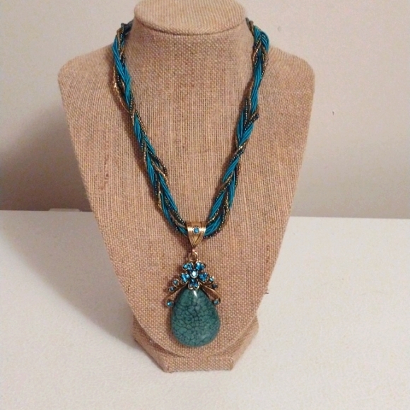 Blue Bohemian metallic water pendant w/blue gems & sead bead rope necklace - Picture 1 of 7